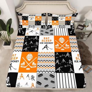 Erosebridal Комплект постельного белья Hockey с хоккейной тематикой и геометрическим паттерном для детей, Orange Black