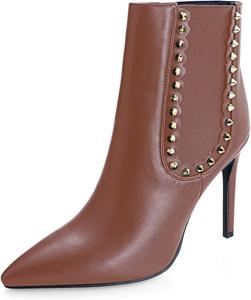 Женские модные ботильоны sarawill с острым носком, шпилькой, из искусственной кожи с заклепками, удобным высоким каблуком, боковой эластичной молнией и платьевым стилем, Brown Matte