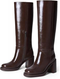 Женские сапоги до колена с круглым носком, массивным каблуком 3,3 дюйма, высокие сапоги с боковой молнией из искусственной кожи Adolilove, Brown