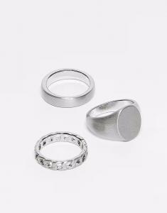 Набор из 3 серебряных колец-печаток с цепочкой и матовойделкой Asos Design