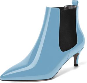 Женские офисные ботильоны SKYSTERRY с заостренным носком, лакированные, модные, невысокий каблук 2 дюйма, Black/Light Blue