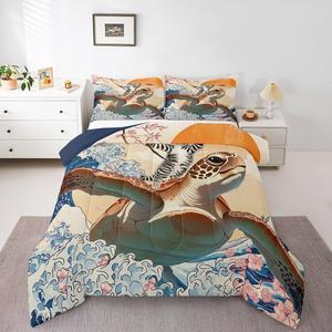 Erosebridal Комплект постельного белья Funny Anime с японской сакурой и океанскими животными, стеганое одеяло с морскими волнами, Beige Navy Brown Grey