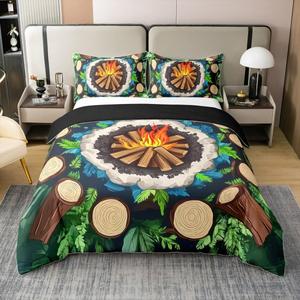 Erosebridal Комплект постельного белья Happy Camping из 100% хлопка с лесным принтом, Green Brown