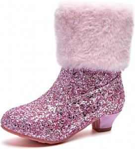 Зимние теплые меховые ботильоны для девочек с низким каблуком, блестками и пайетками, принцесса, с боковой молнией Auhoho, Pink