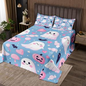 Erosebridal Комплект постельного белья Happy Halloween для детей, розовый с тыквами и конфетами, с принтом привидений и сердец, Pink White Blue