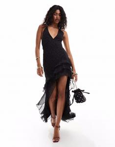 Черное платье макси ASOS DESIGN с халтером, оборками и асимметричным подолом в горошек