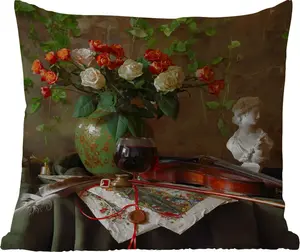 Подушка для улицы - Натюрморт - Розы - Скрипка - 50 x 50 см - Водонепроницаемая - Подушка для отдыха - Удобная - Подушка с рисунком MuchoWow