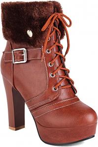 Женские зимние теплые меховые элегантные ботильоны на шнуровке с круглым носом, массивной платформой и высоким каблуком, короткие зимние ботинки JOEUSTY, Brown