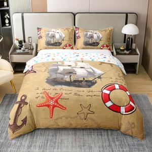 Erosebridal Хлопковый комплект постельного белья Sailboat с морским принтом в стиле бохо, Orange Brown
