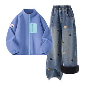 Детская повседневная спортивная одежда Disney, [Thickened And Fleece-Lined]Dini Medium Round Hook-And-Loop K Coral Blue+Solid Color Denim Blue