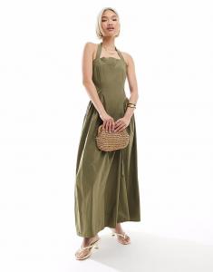 4th & Reckless хлопковое платье макси с квадратным вырезом халтер и складками на бедрах оливкового цвета