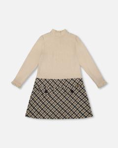 Длинный рукав Би-материал Воротник стойка Платье Бежевый и в клетку Deux par Deux