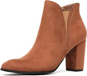 Женские замшевые ботильоны NEWBELLA - заостренный носок, массивный каблук, винтажные туфли, Camel