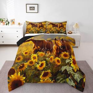 Erosebridal Комплект постельного белья Western Horse с цветочным принтом и подушкой, Orange Yellow