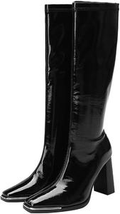 Женские ботинки Alsoloveu из лакированной кожи с высоким голенищем, квадратным носком и массивным каблуком, Black Knee High