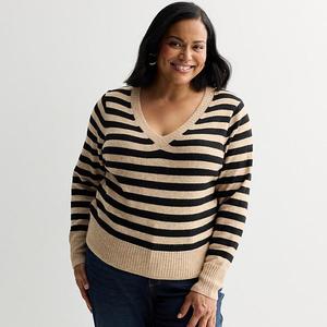 Свитер V-образным вырезом Plus size Sonoma Goods For Life, Brown Black Stripe