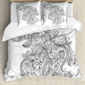 Комплект постельного белья ABAKUHAUS Art для двуспальной кровати, с цветочным астрологическим рисунком Водолея, с защитой от клещей, подходит для аллергиков, с наволочками, цвет: белый/черный Abakuhaus