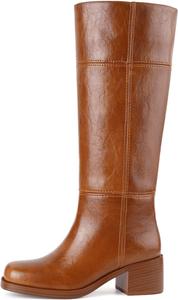 Сапоги DREAMSTORY до колена для женщин с квадратным носком, широким каблуком, высокие сапоги, удобные, с низким каблуком, на подъем, сапоги средней длины, Brown