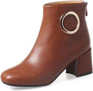 Женские модные ботильоны на толстом каблуке с квадратным носком, задней молнией и кожаные короткие ботинки BLXQPYT, Brown