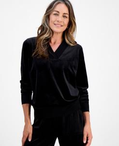 Укороченная велюровая блузка с V-образным вырезом и длинными рукавами, эксклюзивно для Macy's Style & Co, Deep Black