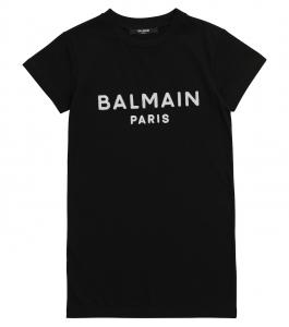 Платье-футболка из хлопка с логотипом Balmain Kids, Nero