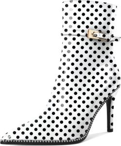 Женские ботильоны Soireelady с заостренным носком и высоким каблуком, украшенные бисером, короткие ботинки с металлической пряжкой и боковой молнией, каблук 10 см, Polka Dot