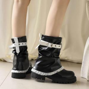 Женские складные сапожки с плиссированной платформой и массивной подошвой, свободные ботильоны с крупными каблуками, круглым носком, на короткой шпильке с ремешком, туфли для вечеринок, байкерские и вестернские модные ботильоны Generic, Black