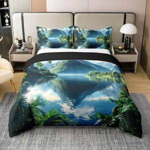 Erosebridal Комплект постельного белья Happy Camping из хлопка с 3D принтом горного пейзажа, Green,blue