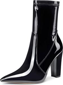 Женские ботильоны на высоком каблуке NobleOnly с острым носком, на молнии, базовые офисные ботинки с толстым каблуком 4 дюйма, Black Patent
