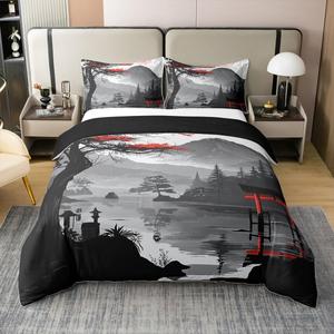 Erosebridal Комплект постельного белья Japanese Cotton с цветочным принтом сакуры в традиционном стиле, Black Red