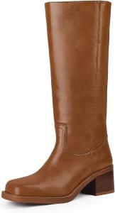 Женские ботфорты MUCCCUTE на высокую голень с широким голенищем, квадратным носком, грубой массивной стойкой и низким каблуком, длинные ботинки на носку, Saddle