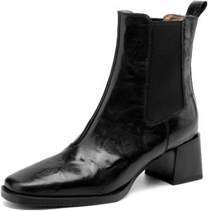 Женские ботинки TinaCus ручной работы из натуральной кожи с эластичными вставками по бокам, квадратным носком и устойчивым каблуком, ботильоны челси, Black