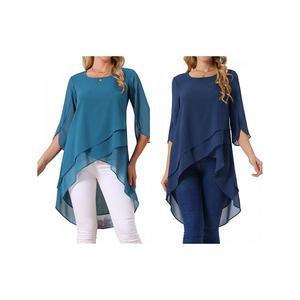 2 упаковки женской блузки с асимметричным низом и круглым вырезом из шифона Inspire Chic, Peacock Blue Dark Blue