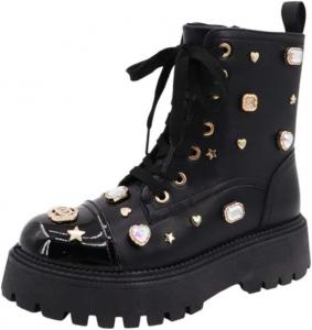 Женские ботинки BAMBOO с заклепками, шнуровкой и закрытым носком, Black Crincle Pu