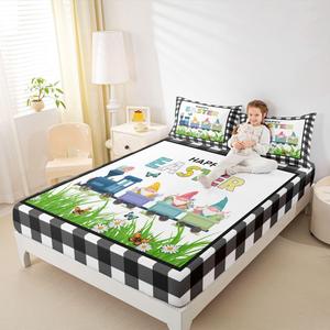 Erosebridal Комплект постельного белья Kids Funny Gnome с пасхальными яйцами и клеткой буффало в черно-белых тонах, Multi 17
