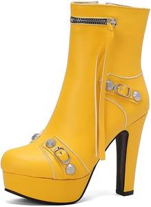 Женские европейские ботильоны с заклепками на массивном каблуке, сексуальные высокие каблуки, кожа, молния, платформенные ботильоны DNGHRN, Yellow