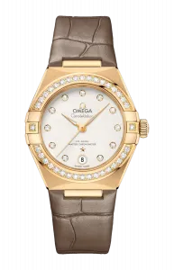 Часы Omega Constellation co‑axial master chronometer с желтым золотом и бриллиантами 29 мм