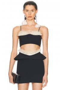 Бюстгальтер-топ балконет с рюшами и перьями David Koma, Black & Off White