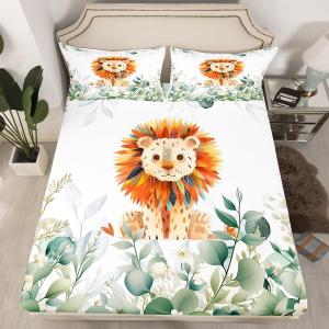 Erosebridal Детский комплект постельного белья с мультяшными животными Kawaii Lion, сафари, джунгли, ботанический зеленый эвкалипт, Brown Orange
