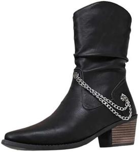 Женские вестерн-ботильоны с заостренным носком, массивной подошвой и блочным каблуком, стильные и удобные ковбойские ботинки с цепочками Generic, Black