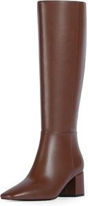 Женские высокие сапоги до колена с массивным каблуком, квадратным носком, высокие осенние сапоги на среднем каблуке с боковой молнией VIUGJNEX, Brown