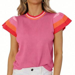 Женский свитшот с полосками и оборками на рукавах - вязаный топ с круглым вырезом для повседневной носки Clearflower, Red