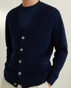 Мужской однотонный кардиган на пуговицах из 100% мериносовой шерсти Emidio Tucci, темно-синий