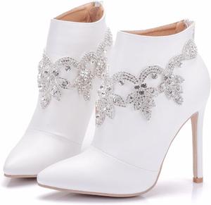 Женские блестящие ботильоны с кристаллами, высокая шпилька, цветок, задняя молния, модные блестящие, заостренный носок, каблук-стилет, для вечеринок и выпускного BHDJK, White