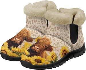 Женские ботильоны и полусапожки Highland Cow зимние теплые пушистые снежные ботинки повседневная обувь босиком размеры 36-41 Pointodoor, Highland Cattle Sunflower Leopard Print