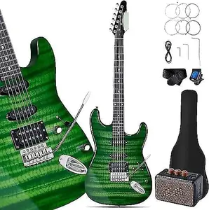 Unbranded Электрогитара полного размера 39" ST с комплектом для начинающих, звукосниматель SSH, портативный усилитель 5 Вт, тюнер, чехол, ремень и аксессуары (Зеленое пламя)