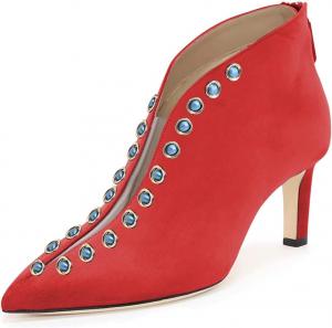 Женские ботильоны YDN с заостренным носком, V-образным вырезом, средним каблуком, искусственной замшей, молнией из ПВХ, для выпускного или вечеринки, короткие ботинки, размер 4-15 US, Red Studded