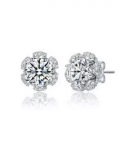 Серьги-Гвоздики из стерлингового серебра с покрытием из белого золота и прозрачными кубическими цирконами в форме цветка-ореола Genevive, silver