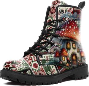 Женские бохо-ботинки Mushroom с цветочным принтом, шнуровкой и высокой голенью для прогулок, походов, фестивалей и повседневной носки AWSOLE, Green Red Orange