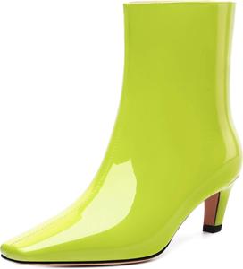Женские ботильоны с низким каблуком-кошачьей шпилькой, лакированные, с квадратным носком, короткие на пуговицах, элегантные классические модные ботинки осень-зима, каблук 5 см DEMOSHINE, Lime Green